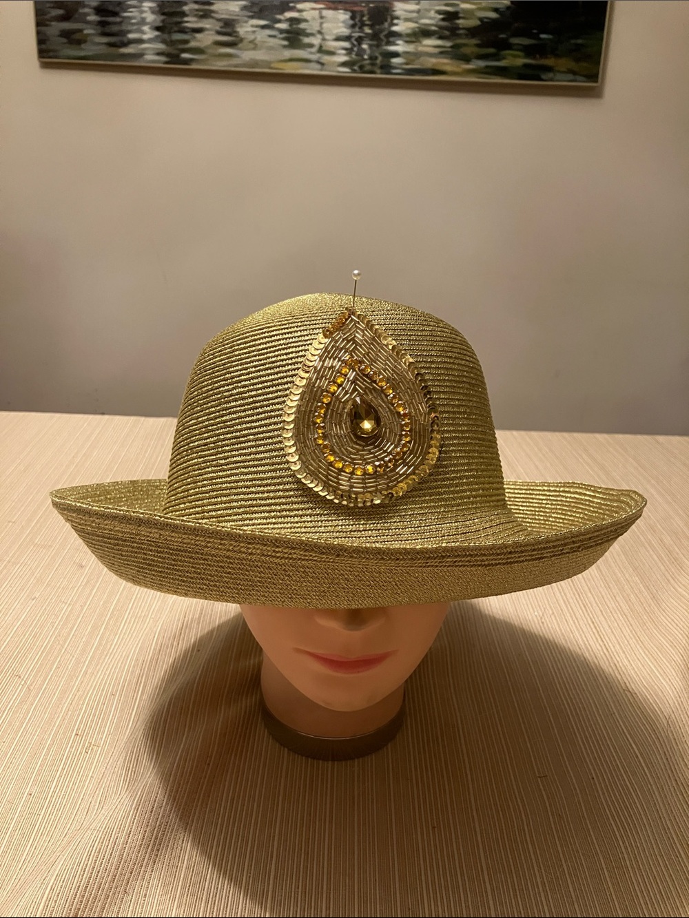 Chic Metallic Gold Wide-Brim Hat with Beaded Sequined Teardrop Motif